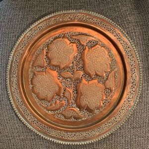 Copper/Brass intricate hand-made decorative flower-pattern plate from India